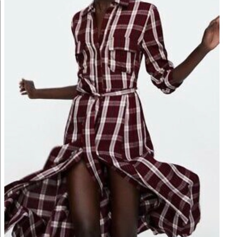 Zara long checkered burgundy dress